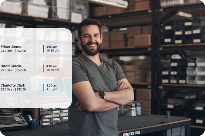 Retail staff scheduling screen over boutique portrait.