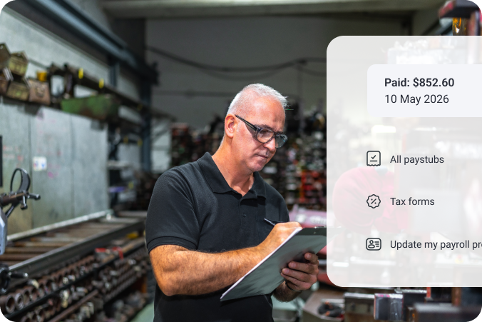 Retail payroll menu over portrait of store employee.