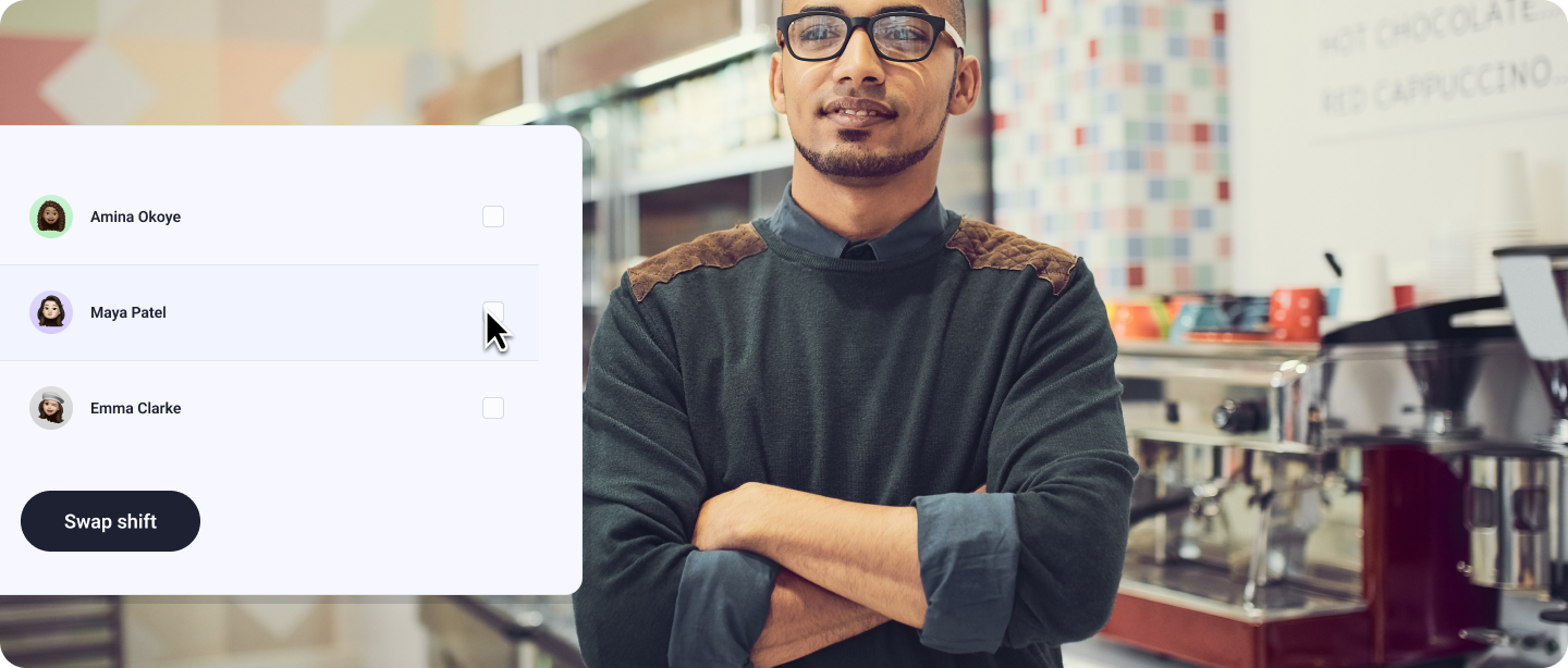 Retail team portrait with shift swap modal.