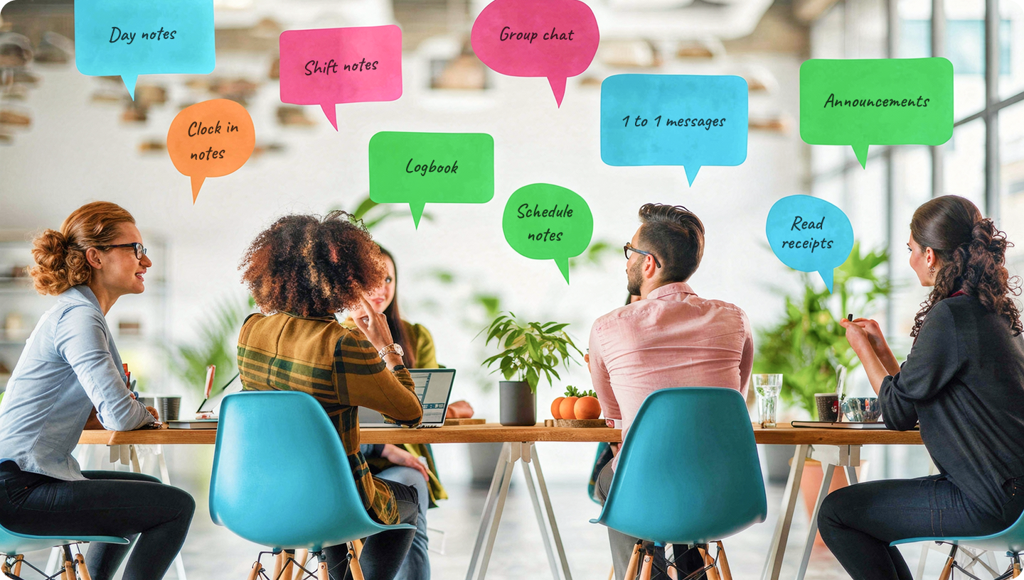 Restaurant team collaborating around a table with communication tools highlighted
